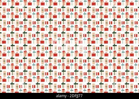 Modello vettoriale senza cuciture con scatole regalo festive su sfondo bianco. Modello per carta da imballaggio. Illustrazione Vettoriale