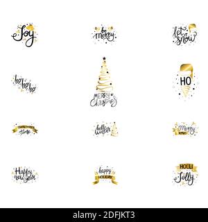 Buon Natale. Felice Anno Nuovo. Set tipografico. Logo vettoriale, emblemi, testo. Utilizzabile per striscioni, biglietti d'auguri, regali, ecc. Illustrazione Vettoriale