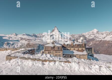 Vista sul sontuoso monte Cervino da Gornergrat, a sud-est della stazione di Zermatt, nel Cantone Vallese, Svizzera. Foto Stock