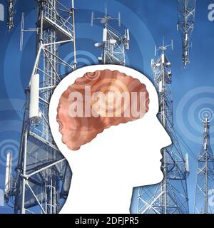 Antenne 5G e onde elettriche intorno e all'interno del cervello umano Profilo - Collage Foto Stock