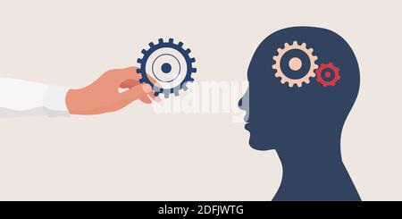 Mental Health concept.therapist o medico mano tenendo un ingranaggio per come un simbolo di mental care.Head con cogs.Psychology e psichiatria. Depressione. Illustrazione Vettoriale
