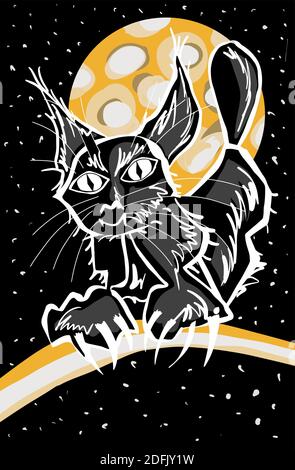 Gatto nero disegnato a mano di notte isolato su sfondo nero eps10 illustrazione vettoriale.