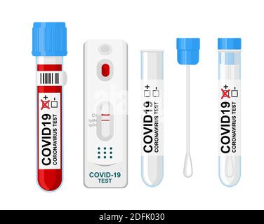 Set per test COVID-19, test rapido dei campioni di sangue, provetta e tampone per test COVID-19. Test positivo per il nuovo Coronavirus Covid-1 a rapida diffusione Illustrazione Vettoriale