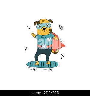 Cane supereroe disegnato a mano in un costume comico. Simpatico cucciolo su uno skateboard. Illustrazione Vettoriale