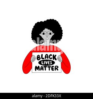 Donna afro americana che tiene un manifesto con la scritta 'Black Lives Matter'. Illustrazione del doodle vettoriale su sfondo bianco. Illustrazione Vettoriale