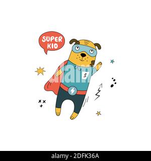 Cane supereroe disegnato a mano in un costume comico. Cucciolo carino con bolla di parola, stella e la frase «Super capretto» Illustrazione Vettoriale