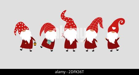 Set di 5 gnomi di Natale su sfondo grigio. Carta vettoriale con gnomi in cappelli rossi. Illustrazione Vettoriale
