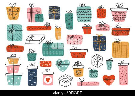 Grande set di confezioni regalo diverse disegnate a mano isolate su uno sfondo bianco. Regali colorati per San Valentino, Natale, Capodanno, compleanno. Illustrazione Vettoriale