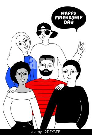 Happy Friendship Day - biglietto d'auguri con un gruppo multiculturale di persone (Afro-American, European, Asian). Illustrazione vettoriale dei migliori amici isolata o Illustrazione Vettoriale