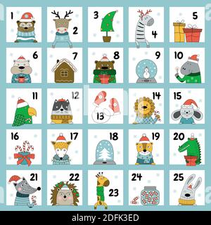 Calendario dell'avvento di Natale con animali carini in abiti invernali. Illustrazione vettoriale con elementi di design per le vacanze invernali. Calendario conto alla rovescia. Illustrazione Vettoriale