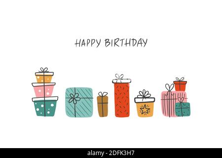 Biglietto d'auguri di compleanno con regali e lettere Buon compleanno. Illustrazione vettoriale scandinava con regali Bday. Illustrazione Vettoriale