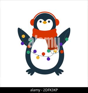 Pinguino di Natale con ghirlanda isolata su un con sfondo. Illustrazione vettoriale piatta in stile cartoon. Illustrazione Vettoriale