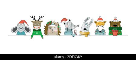 Animali della foresta con regalo, caramelle e ghirlanda. Poster di Natale con lupo, mouse, volpe, orso, riccio, cervo, lepre. Può essere utilizzato per web design, poster, g Illustrazione Vettoriale