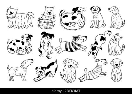 Raccolta di cani carini. Set di 15 animali domestici da barbetta su sfondo bianco. Illustrazione vettoriale disegnata a mano con cani bianchi e neri. Illustrazione Vettoriale