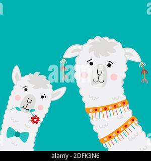 Cute llama volti. Cartoon alpaca. Illustrazione vettoriale con i volti dei lama per poster, biglietti d'auguri, t-shirt, adesivi, ecc. Illustrazione Vettoriale