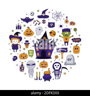 Collezione oggetti arrotondati di Halloween. Concetto vettoriale disegnato a mano con zucche, lapide, cranio, mummia, strega, casa fantasma, mostro, ecc. può essere utilizzato Illustrazione Vettoriale