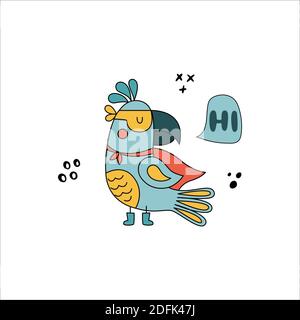 Parrot in divertenti costumi comici. Immagine vettoriale disegnata a mano con uccello su sfondo bianco. Può essere usato per ottenere la scheda, la stanza dei bambini, il manifesto Illustrazione Vettoriale