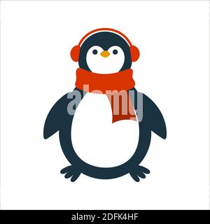 Pinguino di Natale in cuffia e una sciarpa isolato su uno sfondo bianco. Illustrazione vettoriale piatta in stile cartoon. Illustrazione Vettoriale