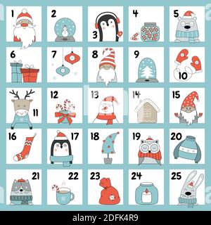 Calendario dell'avvento di Natale con animali carini, gnomi, Babbo Natale, un pupazzo di neve in abiti invernali. Illustrazione vettoriale con elementi di design per le vacanze invernali Illustrazione Vettoriale