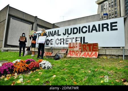 Azione di sostegno alla "libertà per Adriana" fuori dal tribunale di Creteil a favore di Adriana Sampaio condannata per aver ucciso il coniuge per difendere la figlia, a Creteil, vicino a Parigi, Francia, il 03 novembre 2020. Foto di Karim Ait Adjedjou/Avenir Pictures/ABACAPRESS.COM Foto Stock