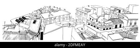 Vista sui tetti della città mediterranea. Disegno vettoriale disegno in bianco e nero Illustrazione Vettoriale