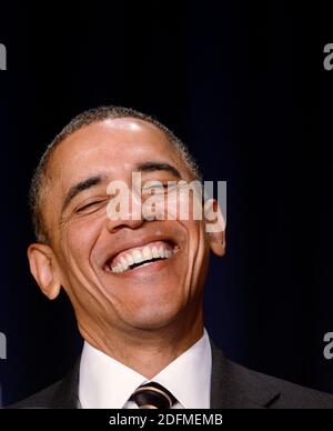 File photo - il presidente Barack Obama parla durante la National Prayer Breakfast al Washington Hilton di Washington, DC, USA il 6 febbraio 2014. Il prossimo memoriale dell'ex presidente Barack Obama "A Promised Land" sarà rilasciato il 17 novembre in formato hardcover, digitale e audiolibro. Foto di Olivier Douliery/ABACAPRESS.COM Foto Stock