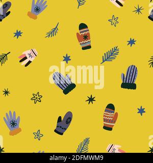Carino vettore motivo senza giunture di accessori di abbigliamento invernale su sfondo bianco. Elementi di doodle disegnati a mano libera. Illustrazione Vettoriale