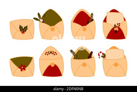 Le icone della posta di Natale impostano lo stile piatto del cartone animato. Busta aperta vintage con decorazioni natalizie di bacca, foglia o lettera vuota per Santa. Tradizionale simbolo Capodanno vacanza. Isolato su illustrazione vettoriale bianca Illustrazione Vettoriale