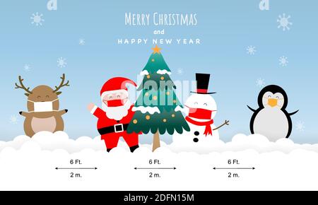 Concetto di Natale e nuova normalità nella pandemia di coronavirus. Illustrazione vettoriale di Babbo Natale, pupazzo di neve, pinguino, renna indossare maschera e pino Illustrazione Vettoriale