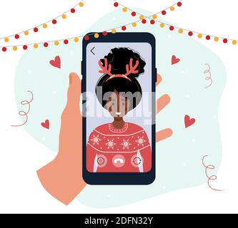Videochiamata di Natale. La famiglia festeggia le vacanze in videochat. Illustrazione Vettoriale