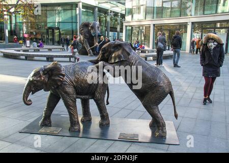 Un londinese che sorge accanto al gregge di sculture di speranza, parte dei 21 elefanti di bronzo a grandezza naturale modellati dopo gli orfani nella cura del Sheldrick Wildlife Trust in Kenya. I modelli e gli artisti Gillie e Marcart, presentati per la prima volta a Londra intorno al dicembre 2019. Foto Stock