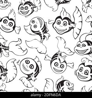 Carino scheletri di pesce bianco e nero. Modello senza cuciture Halloween. Illustrazione Vettoriale