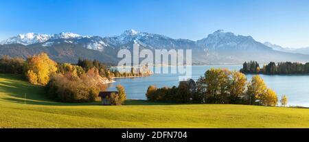 Vista sul Lago di Forggensee alle Alpi, Allgau, Baviera, Germay Foto Stock