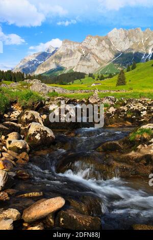 Torrente di montagna, massiccio di Alpstein con Saentis, Appenzell, Svizzera Foto Stock