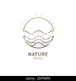 Vettore semplice logo della natura. Icona circolare lineare del paesaggio con mare e sole. Logotipo minimo per emblemi di affari, badge per un viaggio, turismo e. Illustrazione Vettoriale