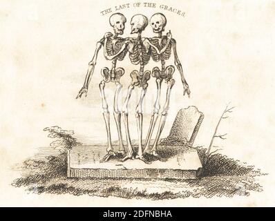 Vignetta di tre scheletri su una lapide, l'ultima delle grazie. Disegnato e inciso su acciaio da Richard Dagley dalle sue stesse opere di morte, composto da numerose composizioni originali in versi e prosa, J. Andrews, Londra, 1827. Dagley (1761-1841) è stato un . Foto Stock