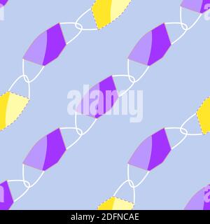 Modello vettoriale senza cuciture di maschere mediche gialle e lilla in stile piatto. Illustrazione Vettoriale