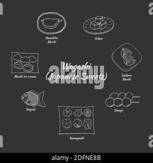 Vector Set di doodle wagashi (dolci giapponesi) disegnati a mano. Progettare elementi di schizzo per menu cafè, ristorante, etichetta e imballaggio. Illustrazione su un buio Illustrazione Vettoriale