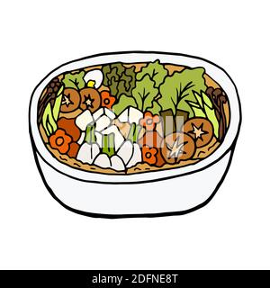 Vettore mano doodle disegnato nabe. Piatto di cucina giapponese. Progettare un elemento di schizzo per menu cafè, ristorante, etichetta e imballaggio. Illustrazione colorata su un Illustrazione Vettoriale