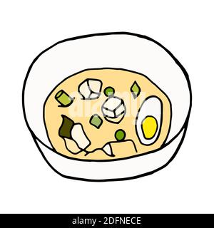 Zuppa di miso di doodle disegnata a mano vettoriale. Piatto di cucina giapponese. Progettare un elemento di schizzo per menu cafè, ristorante, etichetta e imballaggio. Illustrazione colorata Illustrazione Vettoriale