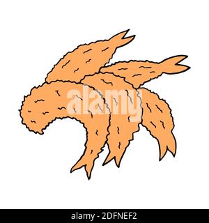 Vettore Doodle tirato a mano croccante gamberi fritti tempura. Piatto di cucina giapponese. Progettare un elemento di schizzo per menu cafè, ristorante, etichetta e imballaggio. Col Illustrazione Vettoriale