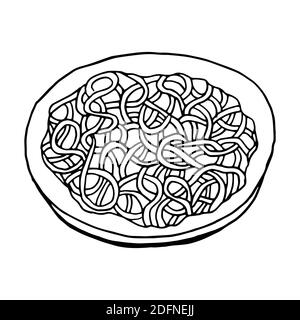 Tagliatelle di soba disegnate a mano vettoriale. Piatto di cucina giapponese. Progettare un elemento di schizzo per menu cafè, ristorante, etichetta e imballaggio. Illustrazione su a. Illustrazione Vettoriale