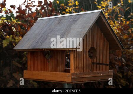 Un closeup di un nuovo alimentatore di uccelli in attesa per gli uccelli, in un giorno di autunno Foto Stock