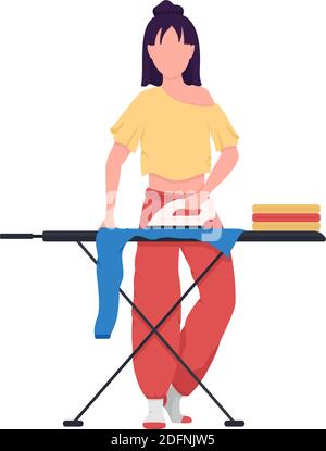 Donna stirare abiti piatto colore vettore carattere sfacciato Illustrazione Vettoriale