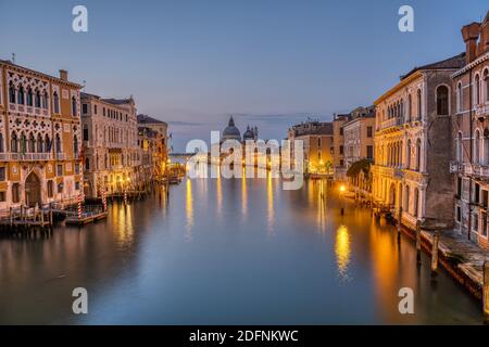 Il Canal Grande e la Basilica di Santa Maria della Saluta a Venezia prima dell'alba Foto Stock