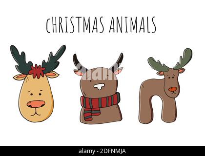 Set di animaletti natalizi, illustrazione vettoriale disegnata a mano. Elementi per biglietti d'auguri e cartoline. Illustrazione Vettoriale