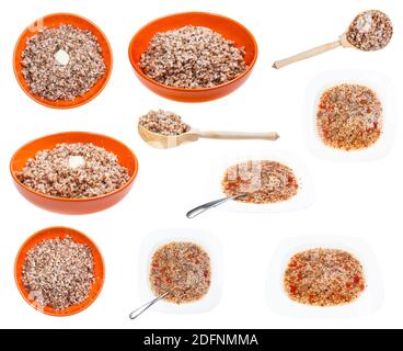 raccolta di piatti di grano saraceno isolati su sfondo bianco Foto Stock