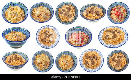 set di vari pilaf cotti (piatto dell'asia centrale di riso con carne e verdure) sulla ciotola orientale locale isolato su sfondo bianco Foto Stock
