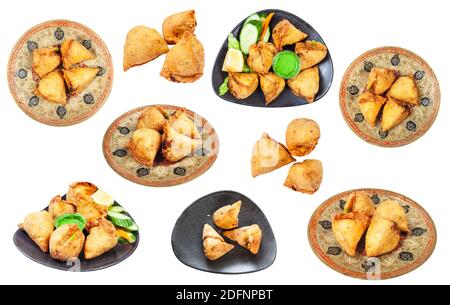 Set di varie samosas (pasticceria indiana fritta salato) isolato su sfondo bianco Foto Stock