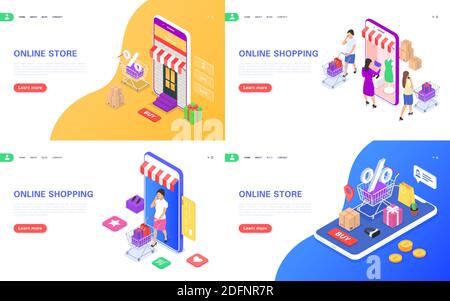Set di banner di concetto di shopping online. Negozio Web, ordinazione di merci tramite smartphone, consegna senza contatto. Illustrazione piatta isometrica vettoriale. Illustrazione Vettoriale